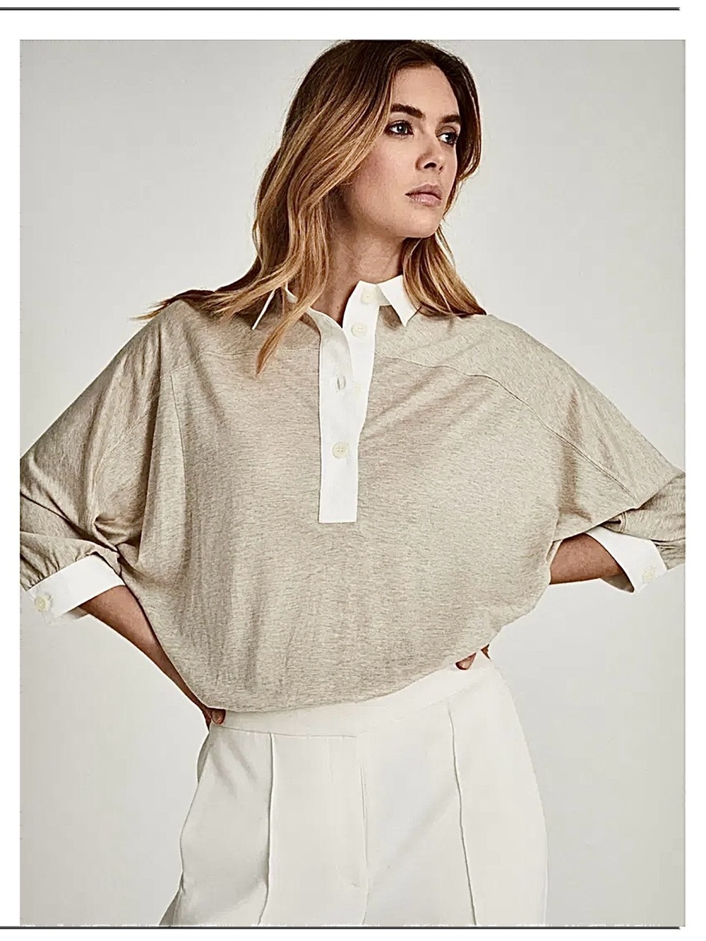 Reiss Penelope Rugby Polo Top Beige White Trim Bracelet Sleeve NWT Small